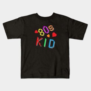 80s Kid. Colorful Retro Design with Hearts. (Black Background) Kids T-Shirt